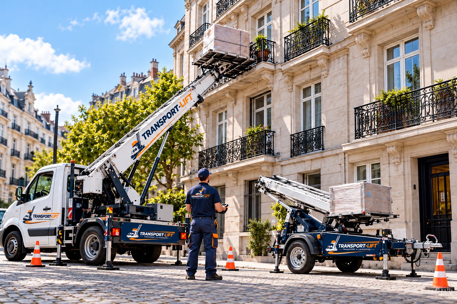 Illustration photoréaliste d’un lift de déménagement devant un immeuble bruxellois