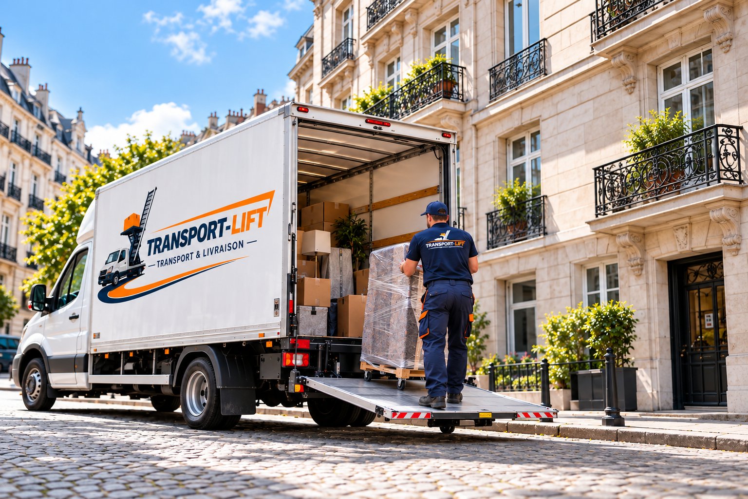 Illustration photoréaliste d’un transport en camion avec hayon à Bruxelles